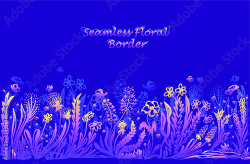 Background with seamless border in floral style in blue lilac pink yellow for banner or card or for decoration different things