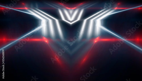 Background wall with neon lines and rays. Background dark corridor with neon light. Abstract background with lines and glow. Light element in the center, a triangle, a pyramid with neon.
