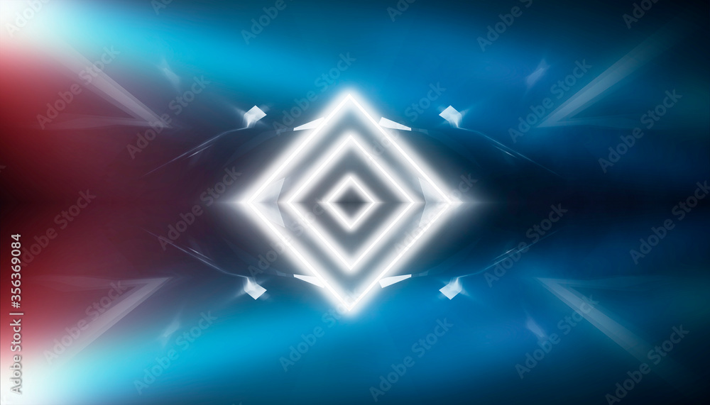 Obraz premium Background wall with neon lines and rays. Background dark corridor with neon light. Abstract background with lines and glow. Light element in the center, a triangle, a pyramid with neon.