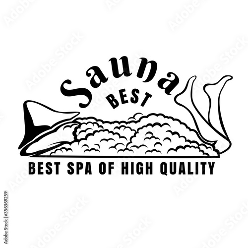 Label for sauna, banya or bathhouse. Man or woman lay into foam or steam