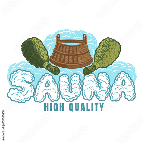 Sauna word from steam under wooden tub between oak besoms. Color vector illustration