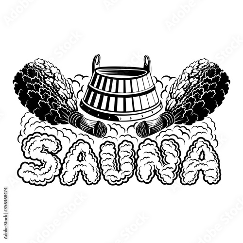 Label for sauna, banya or bathhouse. Sauna word  from steam under wooden tub between oak besoms