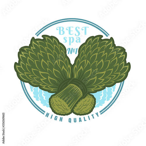 Label for sauna, banya or bathhouse. Two crossed birch besoms with steam. Color vector illustration