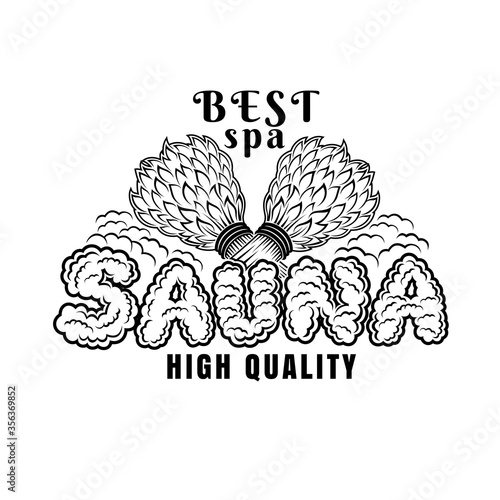 Label for sauna, banya or bathhouse. Two crossed besoms. Word sauna around steam