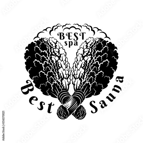 Label for sauna, banya or bathhouse. Two crossed oak besoms with steam