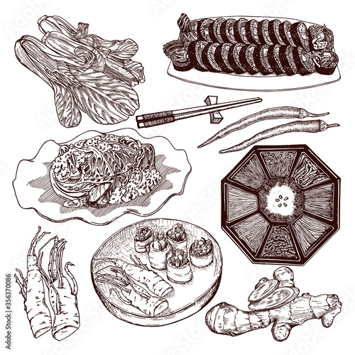 Asian cultural symbols, traditional Korean cuisine. Vector set hand drawn outlines with pen and ink.  Isolated elements on white background. Vector illustration in travel concept. 