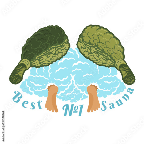 Label for sauna, banya or bathhouse. Two feet from steam between two oak besoms. Color vector illustration