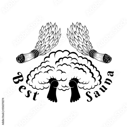 Label for sauna, banya or bathhouse. Two feet from steam between two besoms