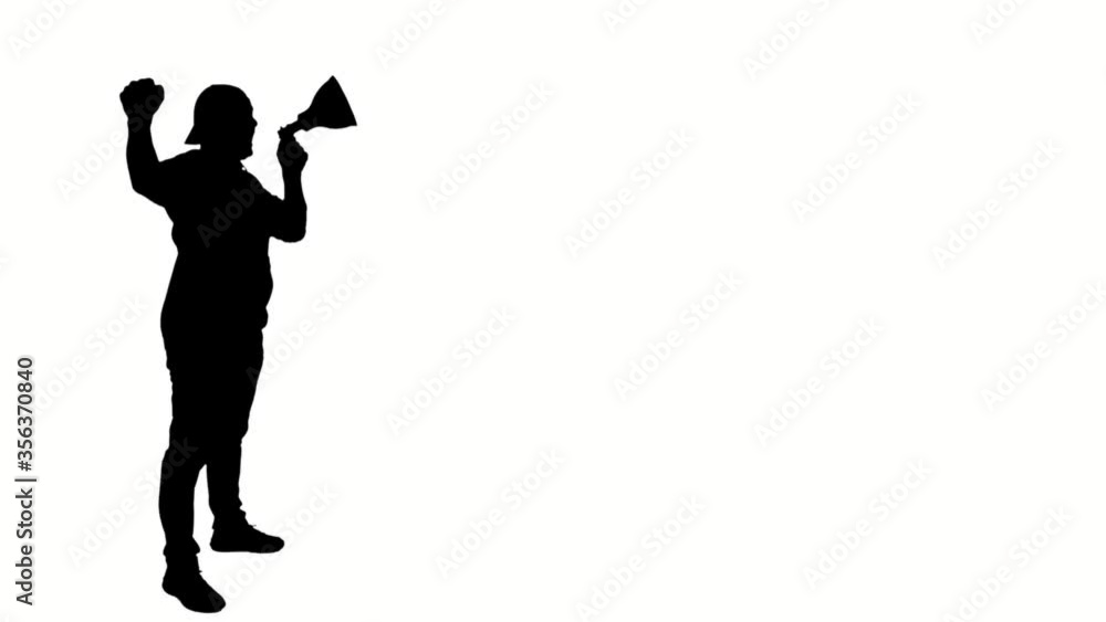black silhouette of protester holds a megaphone, shouts out slogans, on white background. Activist at a protest, rally, demonstration black silhouette of protester holds a megaphone, shouts out slogans, on white background. Activist at a protest, rally, demonstration