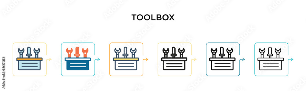Toolbox vector icon in 6 different modern styles. Black, two colored toolbox icons designed in filled, outline, line and stroke style. Vector illustration can be used for web, mobile, ui Toolbox vector icon in 6 different modern styles. Black, two colored toolbox icons designed in filled, outline, line and stroke style. Vector illustration can be used for web, mobile, ui
