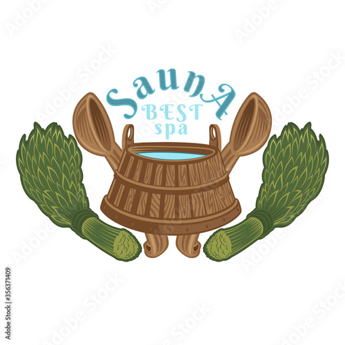 Label for sauna, banya or bathhouse. Wooden tub between two sauna broom with crossed ladles. Color vector illustration