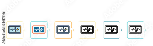 Usb vector icon in 6 different modern styles. Black, two colored usb icons designed in filled, outline, line and stroke style. Vector illustration can be used for web, mobile, ui