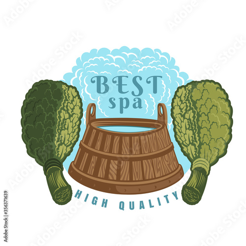 Label for sauna, banya or bathhouse. Wooden tub between two sauna oak besoms. Vector color illustration.