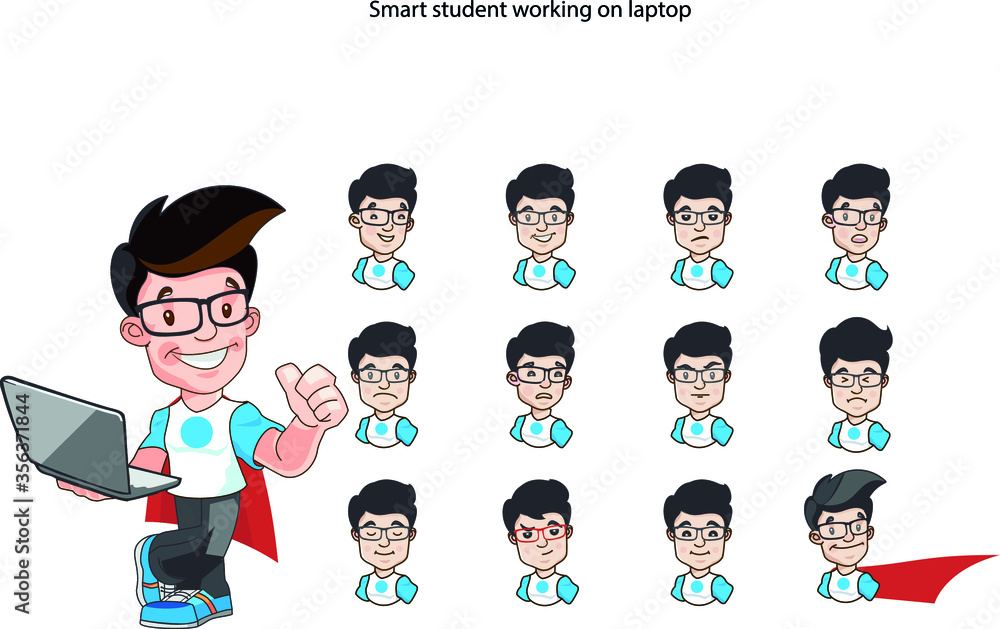 Smart student working on the laptop with multi mood or expressions Smart student working on the laptop with multi mood or expressions