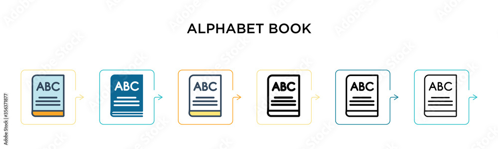 Alphabet book vector icon in 6 different modern styles. Black, two colored alphabet book icons designed in filled, outline, line and stroke style. Vector illustration can be used for web, mobile, ui Alphabet book vector icon in 6 different modern styles. Black, two colored alphabet book icons designed in filled, outline, line and stroke style. Vector illustration can be used for web, mobile, ui