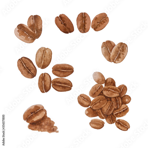 Brown coffee bean illustration watercolor drawing with clipping path