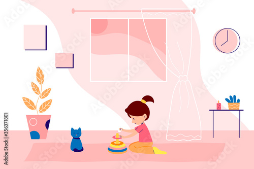 Family is staying at home on quarantine and spending time together. Little girl is playing with toys. Vector flat style interior illustration