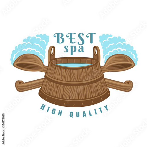 Label for sauna, banya or bathhouse. Wooden tub with two crossed ladles. Color vector illstartion.