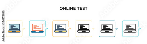 Online test vector icon in 6 different modern styles. Black, two colored online test icons designed in filled, outline, line and stroke style. Vector illustration can be used for web, mobile, ui