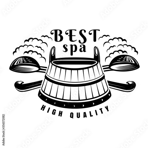 Label for sauna, banya or bathhouse. Wooden tub with two crossed ladles