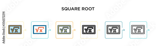 Square root vector icon in 6 different modern styles. Black, two colored square root icons designed in filled, outline, line and stroke style. Vector illustration can be used for web, mobile, ui
