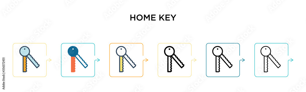 Home key vector icon in 6 different modern styles. Black, two colored home key icons designed in filled, outline, line and stroke style. Vector illustration can be used for web, mobile, ui
