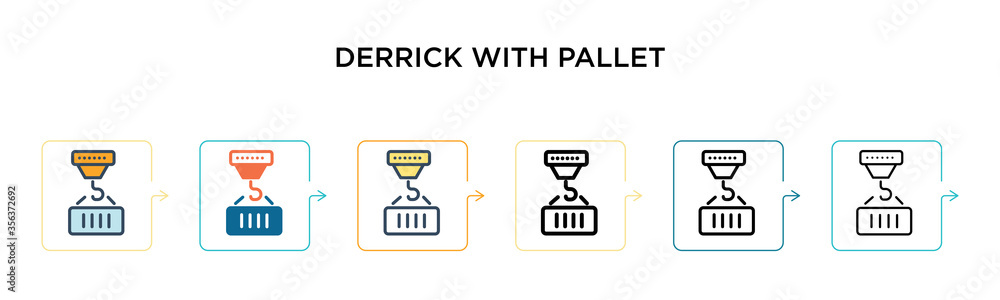 Derrick with pallet vector icon in 6 different modern styles. Black, two colored derrick with pallet icons designed in filled, outline, line and stroke style. Vector illustration can be used for web, Derrick with pallet vector icon in 6 different modern styles. Black, two colored derrick with pallet icons designed in filled, outline, line and stroke style. Vector illustration can be used for web,