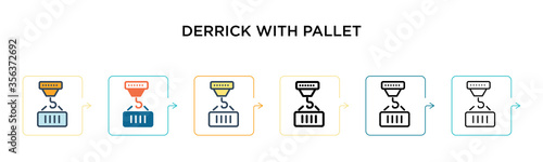 Derrick with pallet vector icon in 6 different modern styles. Black, two colored derrick with pallet icons designed in filled, outline, line and stroke style. Vector illustration can be used for web,