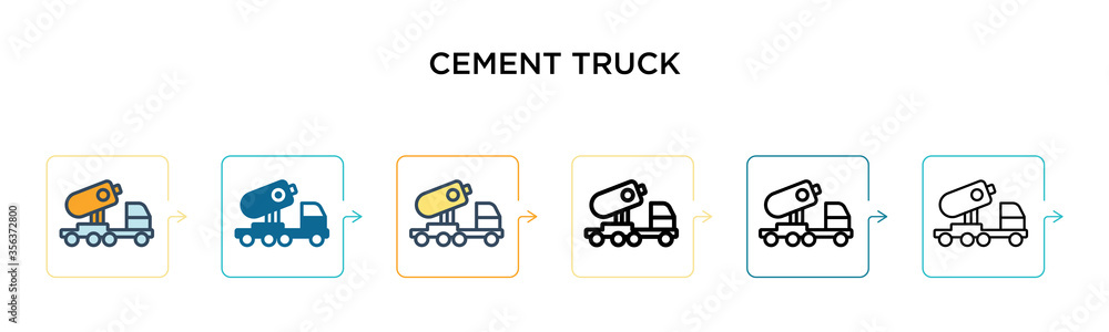 Cement truck vector icon in 6 different modern styles. Black, two colored cement truck icons designed in filled, outline, line and stroke style. Vector illustration can be used for web, mobile, ui