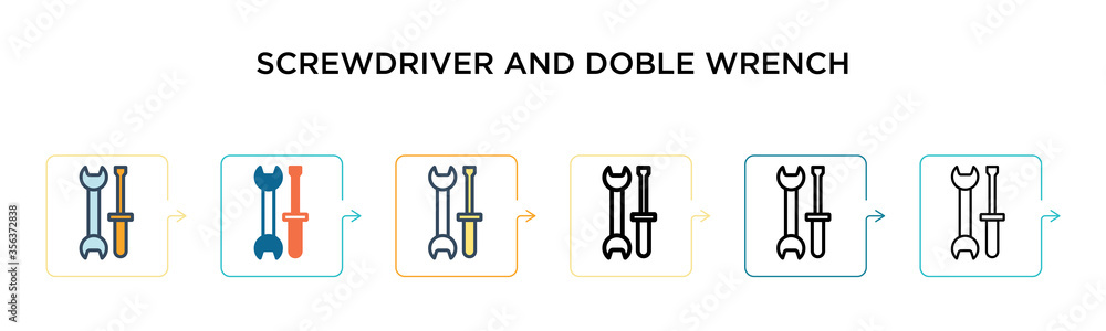 Screwdriver and doble wrench vector icon in 6 different modern styles. Black, two colored screwdriver and doble wrench icons designed in filled, outline, line and stroke style. Vector illustration can Screwdriver and doble wrench vector icon in 6 different modern styles. Black, two colored screwdriver and doble wrench icons designed in filled, outline, line and stroke style. Vector illustration can