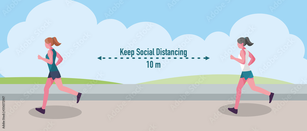 woman running (jogging) in park new normal and social distancing concept. Flat vector Illustration