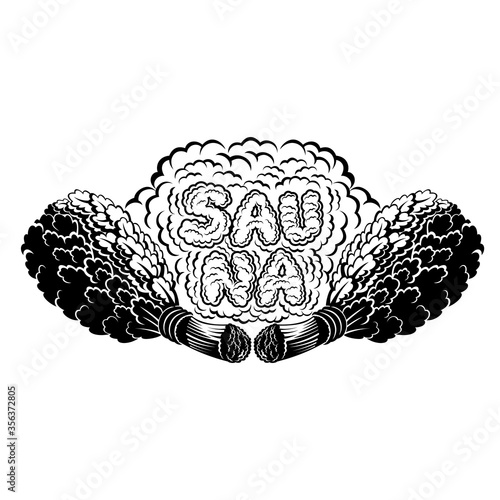 Label for sauna, banya or bathhouse. Word sauna inside steam between two oak besoms