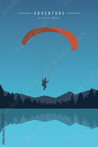 paragliding adventure by turquoise lake vector illustration EPS10