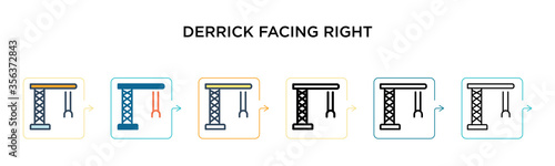 Derrick facing right vector icon in 6 different modern styles. Black, two colored derrick facing right icons designed in filled, outline, line and stroke style. Vector illustration can be used for