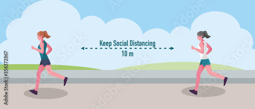 woman running  jogging  in park new normal and social distancing concept. Flat vector Illustration