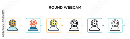 Round webcam vector icon in 6 different modern styles. Black, two colored round webcam icons designed in filled, outline, line and stroke style. Vector illustration can be used for web, mobile, ui