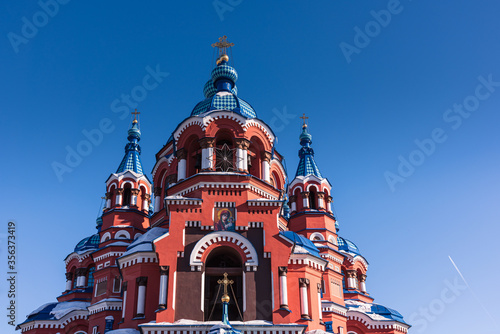Beautiful view of Kazan Church an iconic Orthodox church in the city of Irkutsk  Russia. Kazan Icon of the Mother of God. It is known for the Irkutsk   s largest church bell.