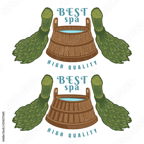 Two Label for sauna, banya or bathhouse. Wooden tub between two birch brooms
