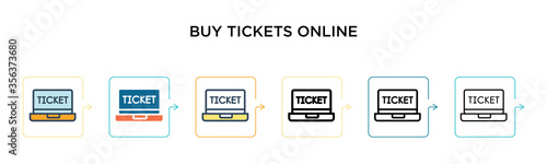 Buy tickets online vector icon in 6 different modern styles. Black, two colored buy tickets online icons designed in filled, outline, line and stroke style. Vector illustration can be used for web,