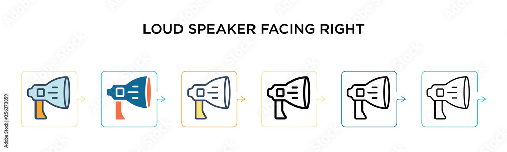 Loud speaker facing right vector icon in 6 different modern styles. Black, two colored loud speaker facing right icons designed in filled, outline, line and stroke style. Vector illustration can be Loud speaker facing right vector icon in 6 different modern styles. Black, two colored loud speaker facing right icons designed in filled, outline, line and stroke style. Vector illustration can be