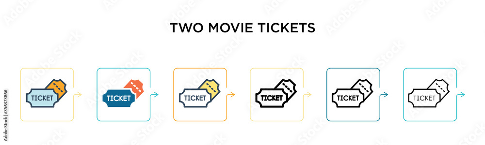 Two movie tickets vector icon in 6 different modern styles. Black, two colored two movie tickets icons designed in filled, outline, line and stroke style. Vector illustration can be used for web, Two movie tickets vector icon in 6 different modern styles. Black, two colored two movie tickets icons designed in filled, outline, line and stroke style. Vector illustration can be used for web,