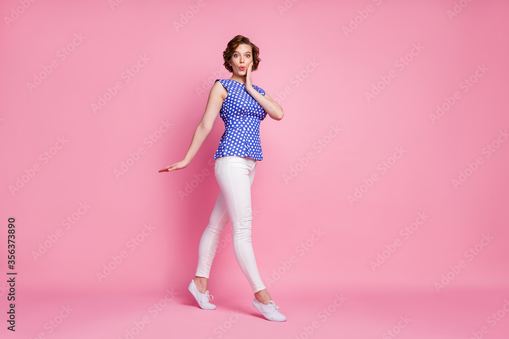 Full length body size view of her she nice-looking attractive lovely pretty cute amazed cheery wavy-haired girl walking on tip-toe spending time isolated on pink pastel color background