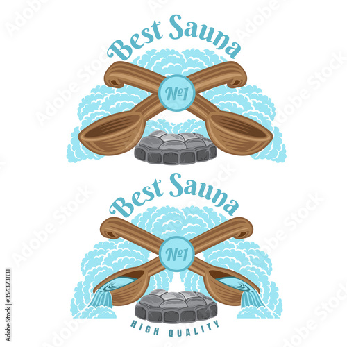 Two labels for sauna or bathhouse. Two crossed wooden ladle for sauna with fireplace and steam around. Color vector illustration.