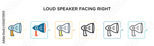 Loud speaker facing right vector icon in 6 different modern styles. Black, two colored loud speaker facing right icons designed in filled, outline, line and stroke style. Vector illustration can be