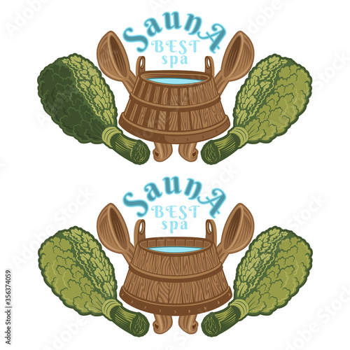 Two labels for sauna, banya or bathhouse. Wooden tub between two oak besoms with crossed ladles. Color vector illustration.