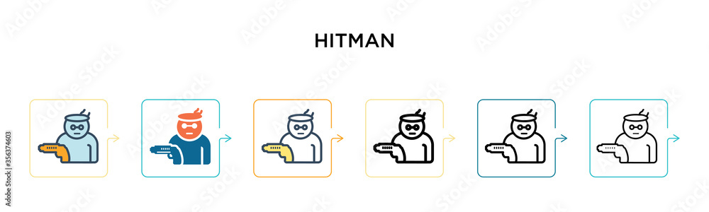 Hitman vector icon in 6 different modern styles. Black, two colored hitman icons designed in filled, outline, line and stroke style. Vector illustration can be used for web, mobile, ui Hitman vector icon in 6 different modern styles. Black, two colored hitman icons designed in filled, outline, line and stroke style. Vector illustration can be used for web, mobile, ui