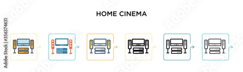 Home cinema vector icon in 6 different modern styles. Black, two colored home cinema icons designed in filled, outline, line and stroke style. Vector illustration can be used for web, mobile, ui
