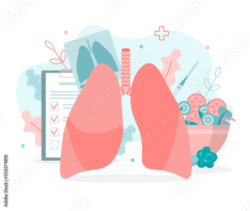 Prevention of lung diseases, proper nutrition, fluorography, vaccination. Lungs health. Medical concept with tiny people. Flat vector illustration.