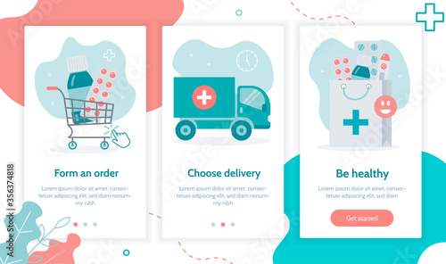 Online pharmacy. Home delivery drugs. Onboarding screens template for mobile applications and websites. Medical flat vector illustration.