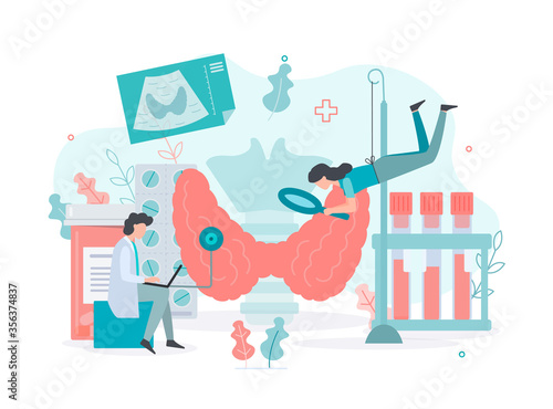 Diagnostics and treatment of thyroid diseases.  Thyroid  health concept Medical concept with tiny people. Flat vector illustration.